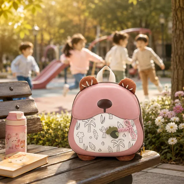 Pink_Polyester_Bear_Face_Cartoon_School_Backpack_For_Kids