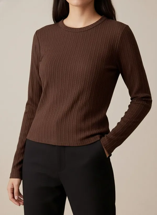 Brown_Cotton_Blend_Casual_Round_Neck_Full_Sleeve_Top_For_Women