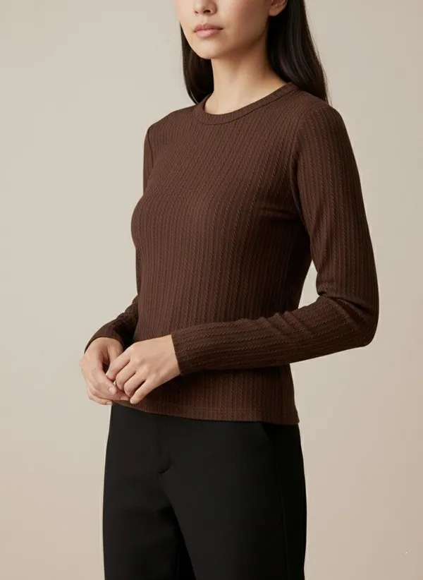 Brown_Cotton_Blend_Casual_Round_Neck_Full_Sleeve_Top_For_Women