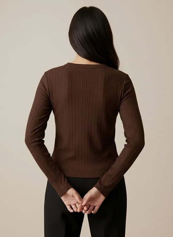 Brown_Cotton_Blend_Casual_Round_Neck_Full_Sleeve_Top_For_Women