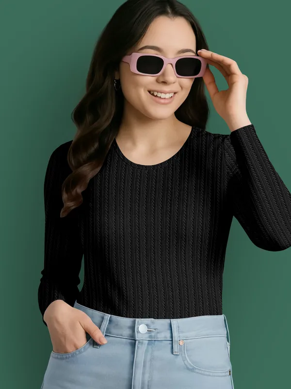 Black_Cotton_Blend_Casual_Round_Neck_Full_Sleeve_Top_For_Women