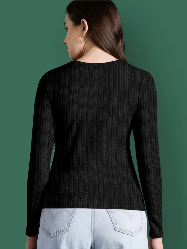 Black_Cotton_Blend_Casual_Round_Neck_Full_Sleeve_Top_For_Women
