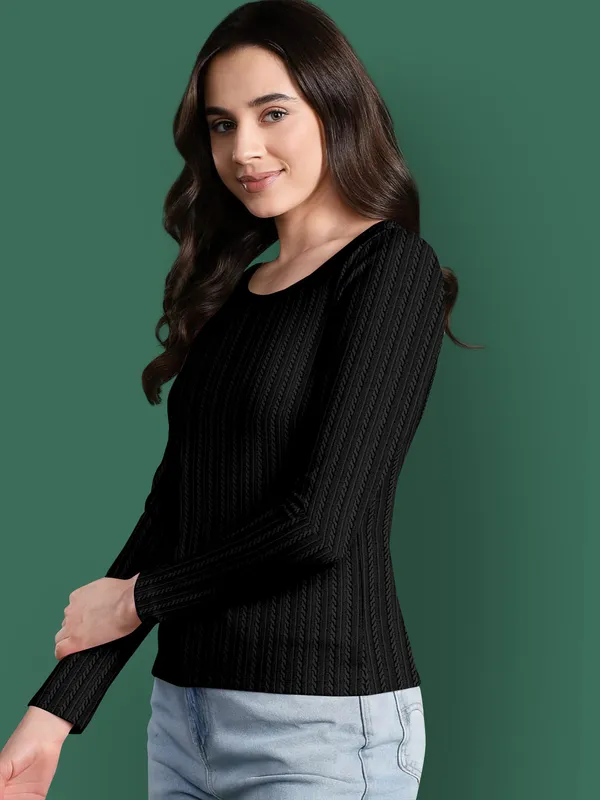 Black_Cotton_Blend_Casual_Round_Neck_Full_Sleeve_Top_For_Women