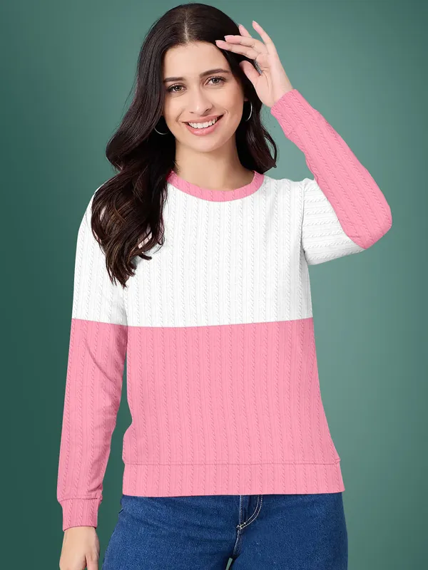 Pink_Cotton_Blend_Round_Neck_Textured_T_Shirt_For_Women