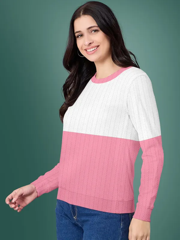 Pink_Cotton_Blend_Round_Neck_Textured_T_Shirt_For_Women