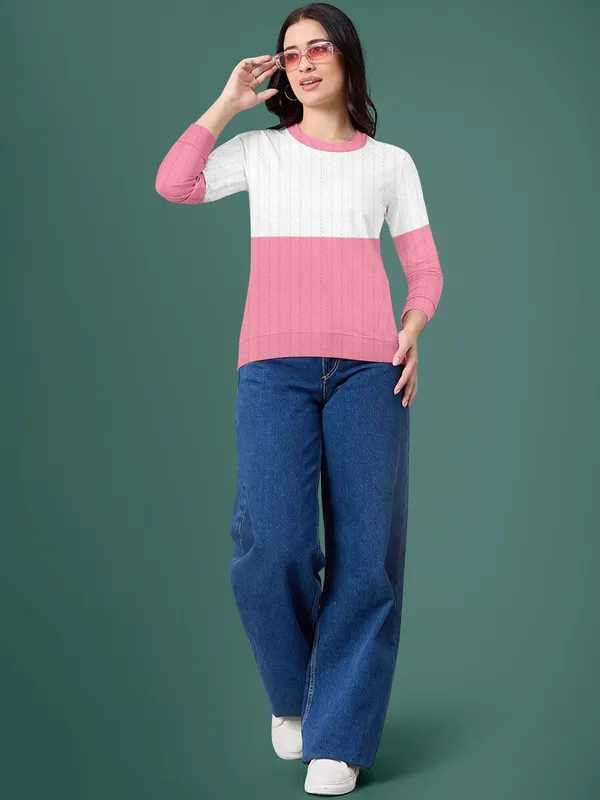 Pink_Cotton_Blend_Round_Neck_Textured_T_Shirt_For_Women