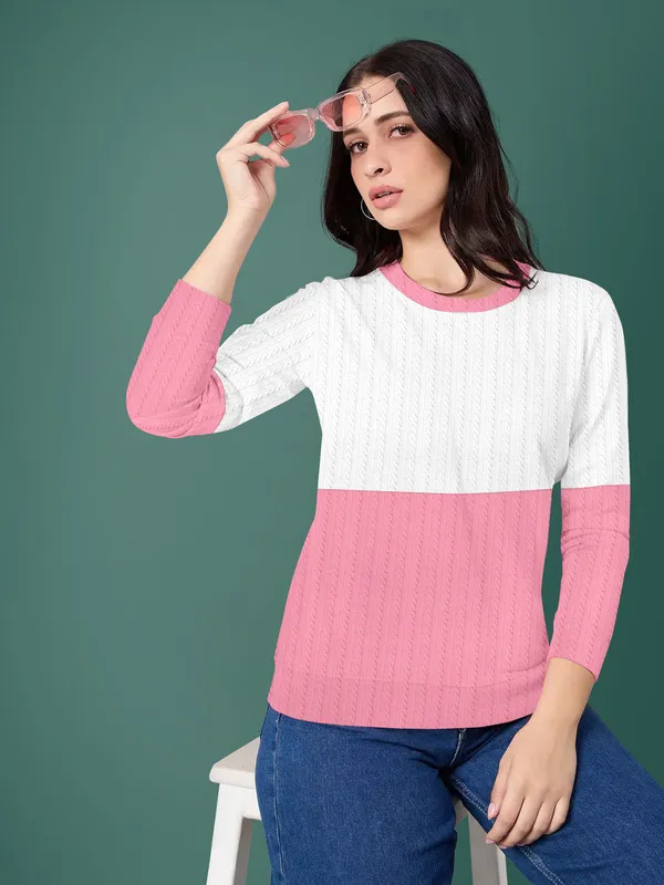 Pink_Cotton_Blend_Round_Neck_Textured_T_Shirt_For_Women