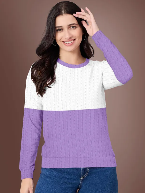 Purple_Cotton_Blend_Round_Neck_Textured_T_Shirt_For_Women