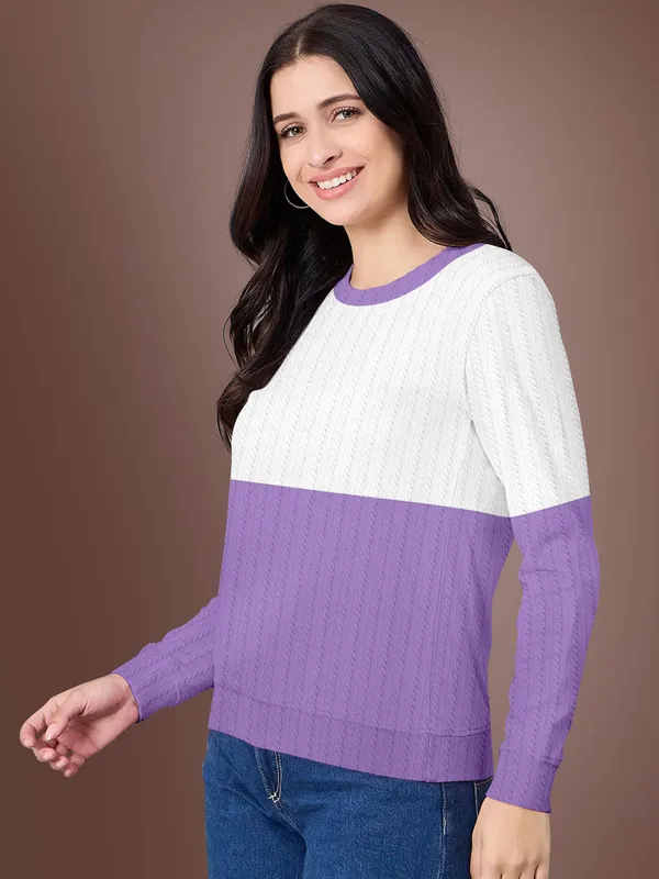 Purple_Cotton_Blend_Round_Neck_Textured_T_Shirt_For_Women