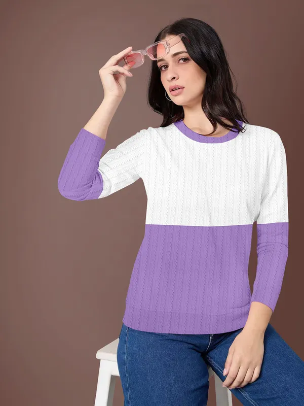 Purple_Cotton_Blend_Round_Neck_Textured_T_Shirt_For_Women