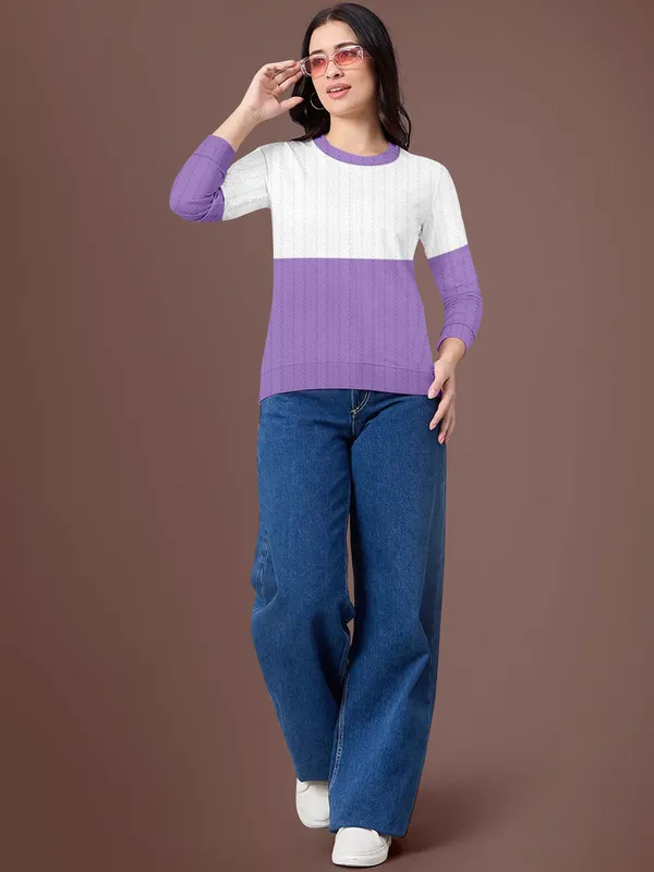 Purple_Cotton_Blend_Round_Neck_Textured_T_Shirt_For_Women