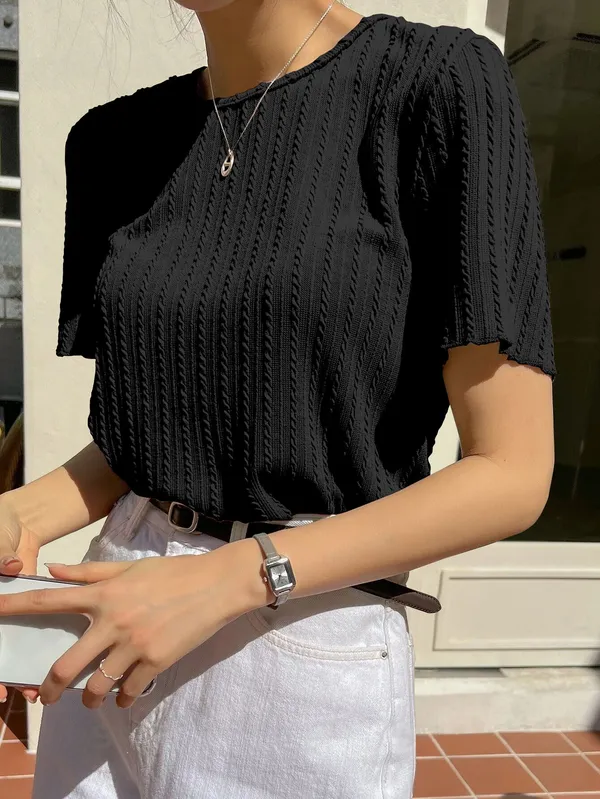Black_Cotton_Blend_Casual_Round_Neck_Half_Sleeve_Top_For_Women