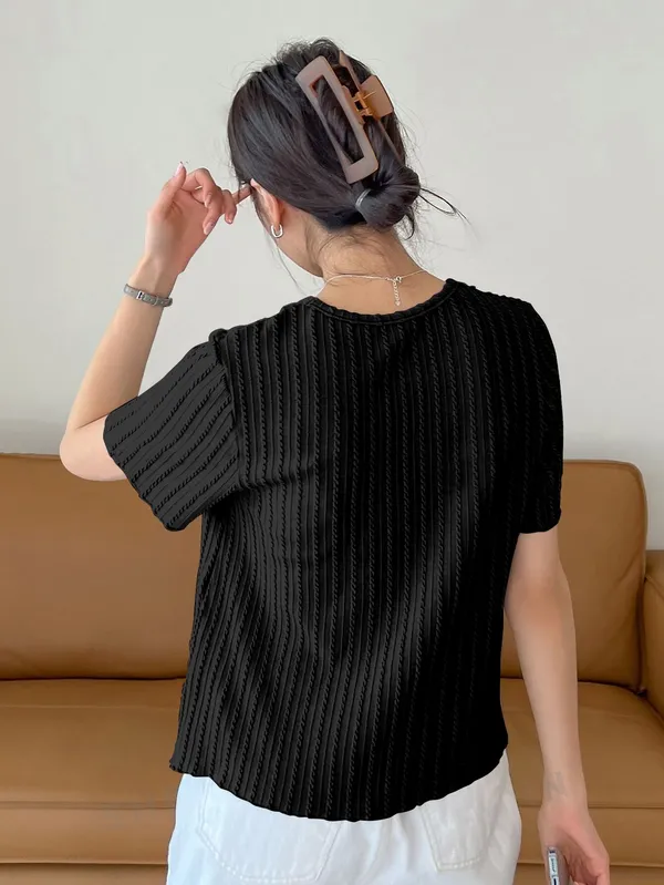 Black_Cotton_Blend_Casual_Round_Neck_Half_Sleeve_Top_For_Women