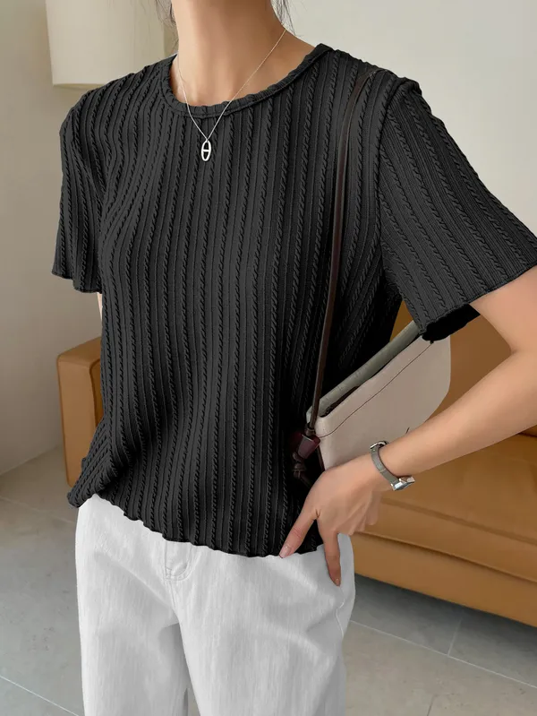 Black_Cotton_Blend_Casual_Round_Neck_Half_Sleeve_Top_For_Women