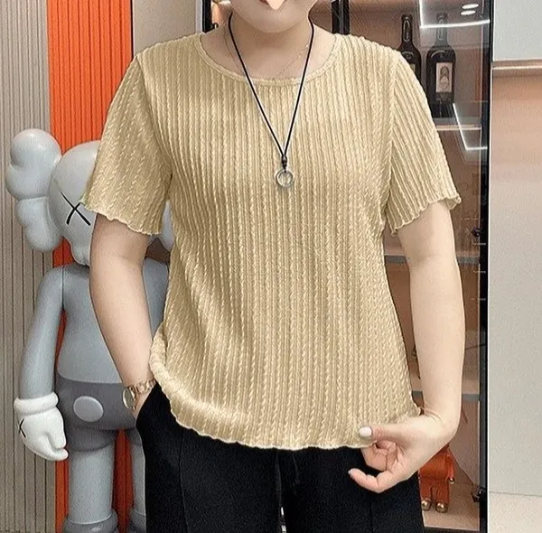 Beige_Cotton_Blend_Casual_Round_Neck_Half_Sleeve_Top_For_Women