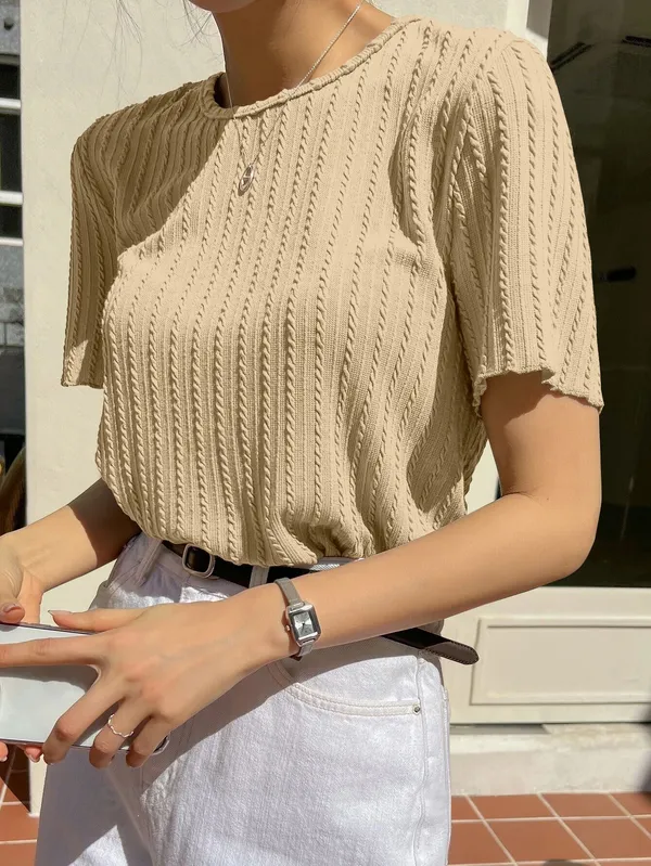 Beige_Cotton_Blend_Casual_Round_Neck_Half_Sleeve_Top_For_Women
