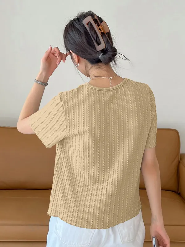 Beige_Cotton_Blend_Casual_Round_Neck_Half_Sleeve_Top_For_Women