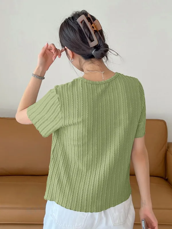 Green_Cotton_Blend_Casual_Round_Neck_Half_Sleeve_Top_For_Women