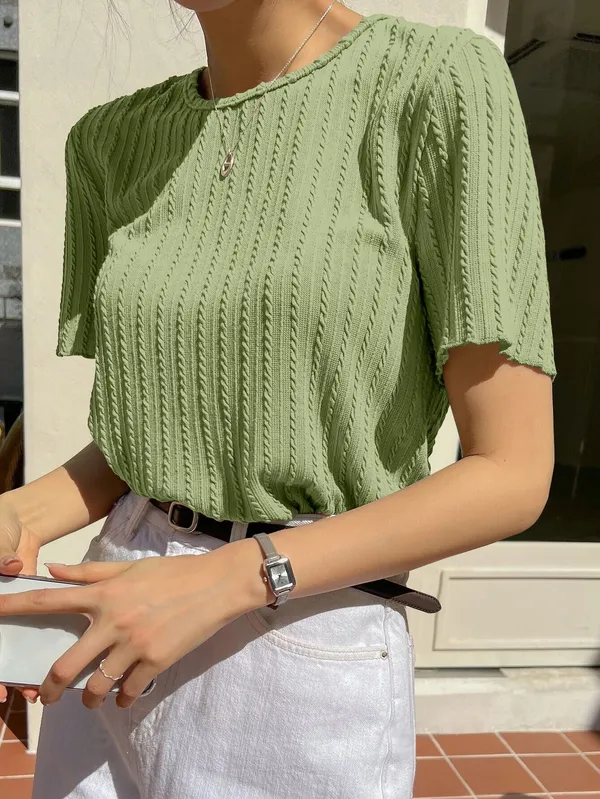 Green_Cotton_Blend_Casual_Round_Neck_Half_Sleeve_Top_For_Women