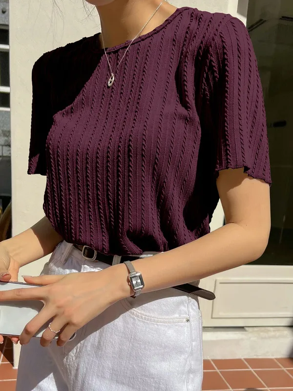 Maroon_Cotton_Blend_Casual_Round_Neck_Half_Sleeve_Top_For_Women