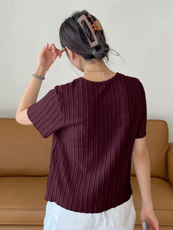 Maroon_Cotton_Blend_Casual_Round_Neck_Half_Sleeve_Top_For_Women