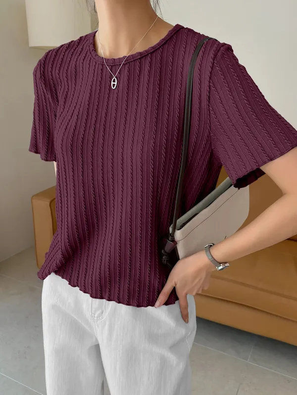 Maroon_Cotton_Blend_Casual_Round_Neck_Half_Sleeve_Top_For_Women