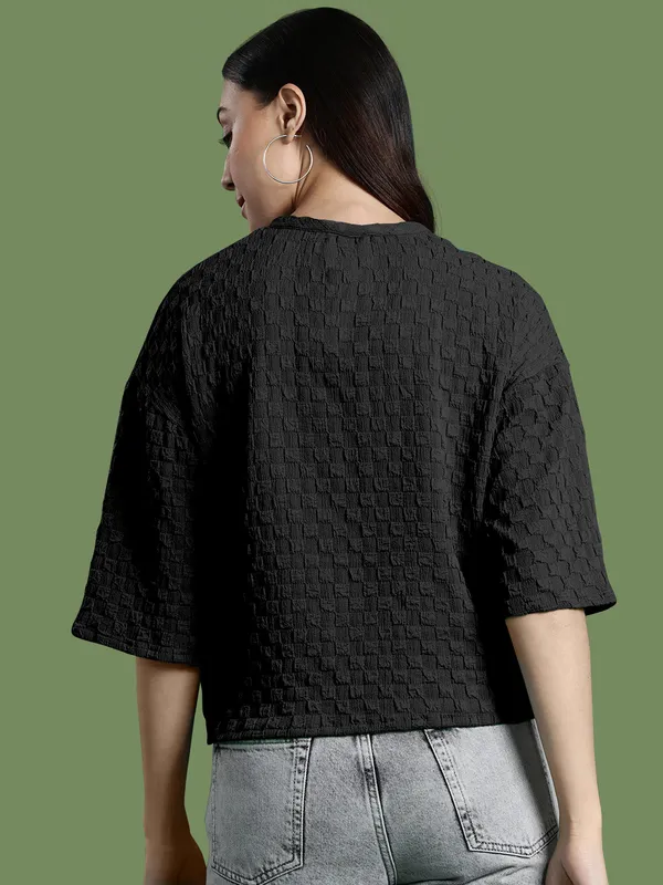 Black_Cotton_Blend_Casual_Round_Neck_3/4_Sleeve_Top_For_Women