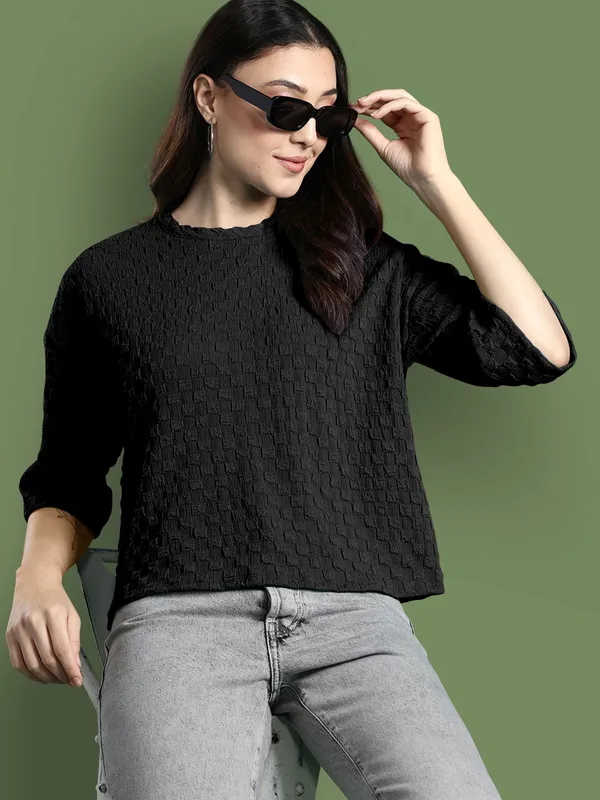 Black_Cotton_Blend_Casual_Round_Neck_3/4_Sleeve_Top_For_Women