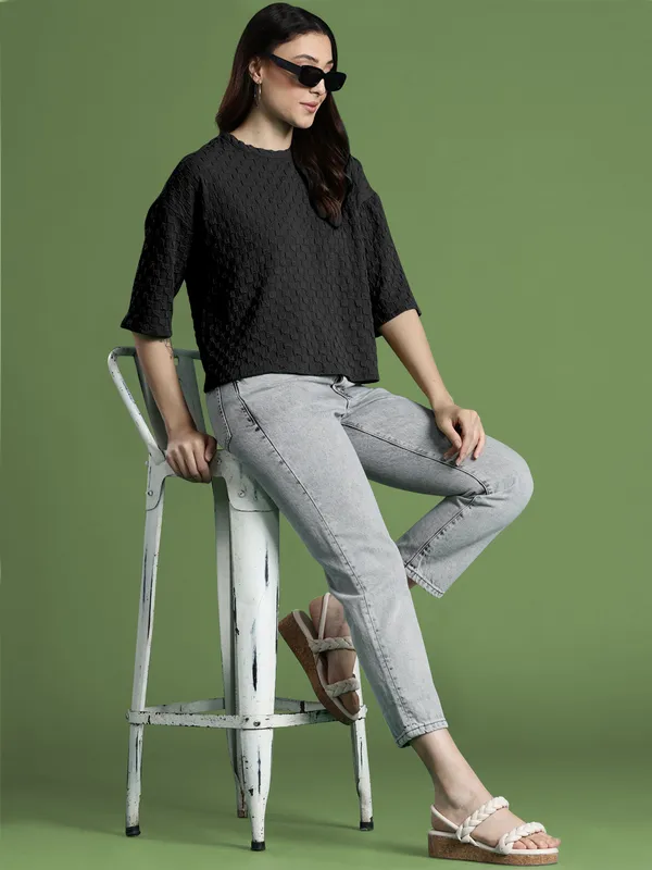 Black_Cotton_Blend_Casual_Round_Neck_3/4_Sleeve_Top_For_Women
