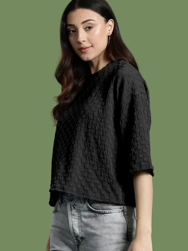 Black_Cotton_Blend_Casual_Round_Neck_3/4_Sleeve_Top_For_Women