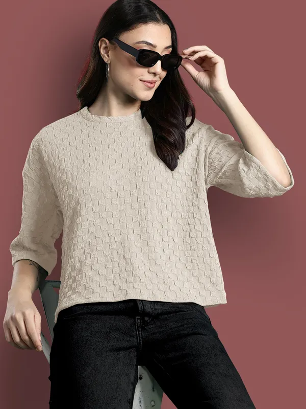 Beige_Cotton_Blend_Casual_Round_Neck_3/4_Sleeve_Top_For_Women