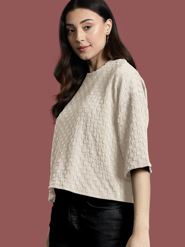 Beige_Cotton_Blend_Casual_Round_Neck_3/4_Sleeve_Top_For_Women