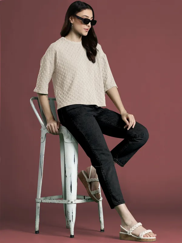 Beige_Cotton_Blend_Casual_Round_Neck_3/4_Sleeve_Top_For_Women