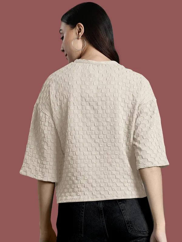 Beige_Cotton_Blend_Casual_Round_Neck_3/4_Sleeve_Top_For_Women