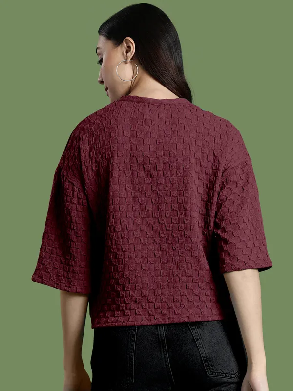 Maroon_Cotton_Blend_Casual_Round_Neck_3/4_Sleeve_Top_For_Women