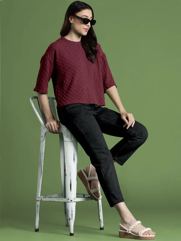 Maroon_Cotton_Blend_Casual_Round_Neck_3/4_Sleeve_Top_For_Women
