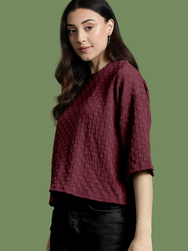 Maroon_Cotton_Blend_Casual_Round_Neck_3/4_Sleeve_Top_For_Women