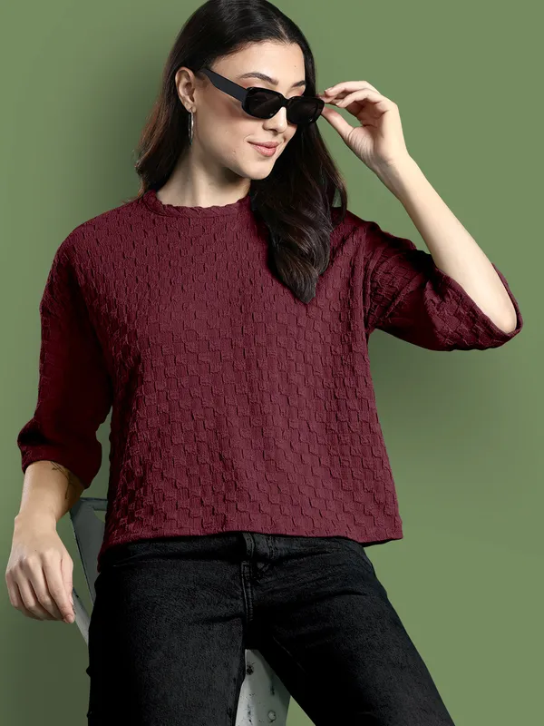 Maroon_Cotton_Blend_Casual_Round_Neck_3/4_Sleeve_Top_For_Women