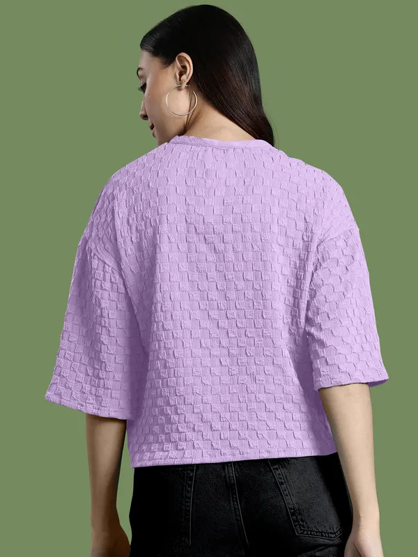 Purple_Cotton_Blend_Casual_Round_Neck_3/4_Sleeve_Top_For_Women