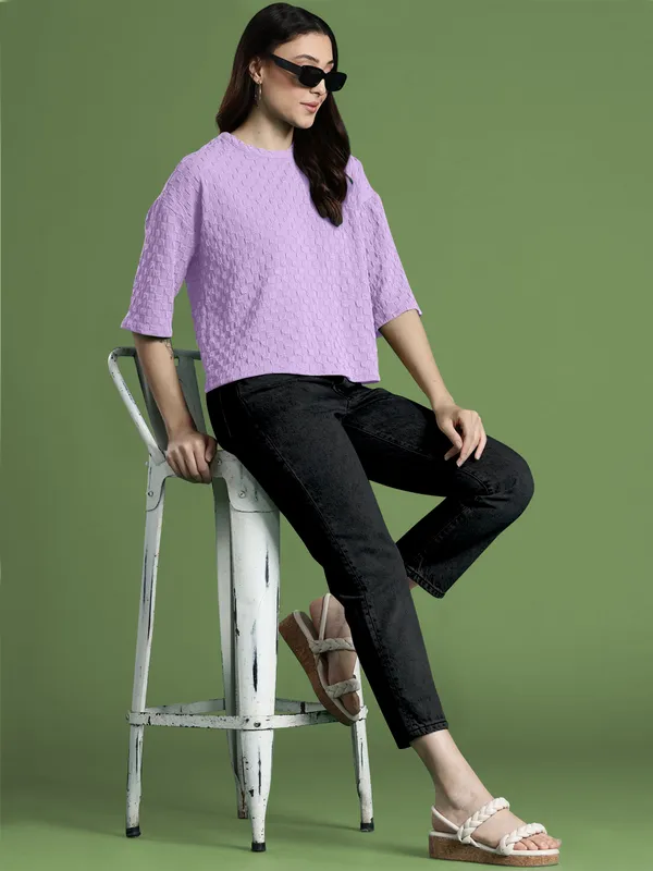 Purple_Cotton_Blend_Casual_Round_Neck_3/4_Sleeve_Top_For_Women