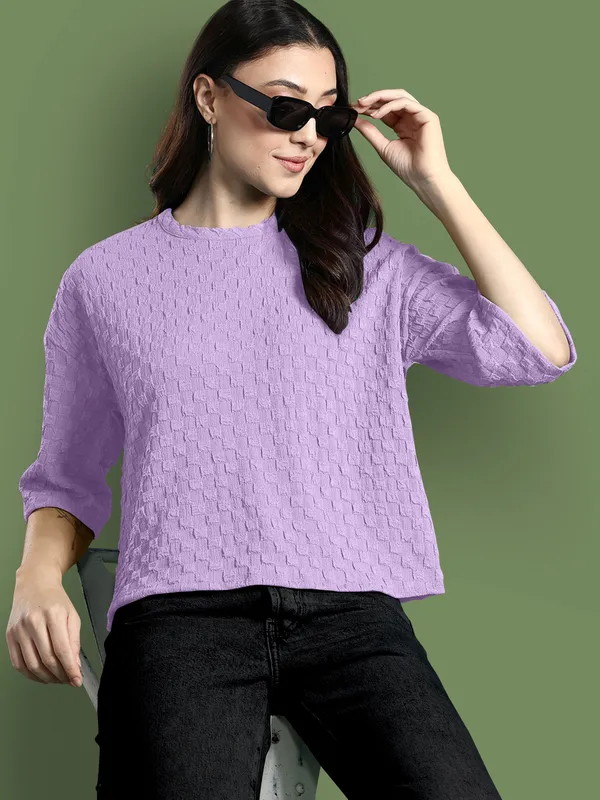 Purple_Cotton_Blend_Casual_Round_Neck_3/4_Sleeve_Top_For_Women