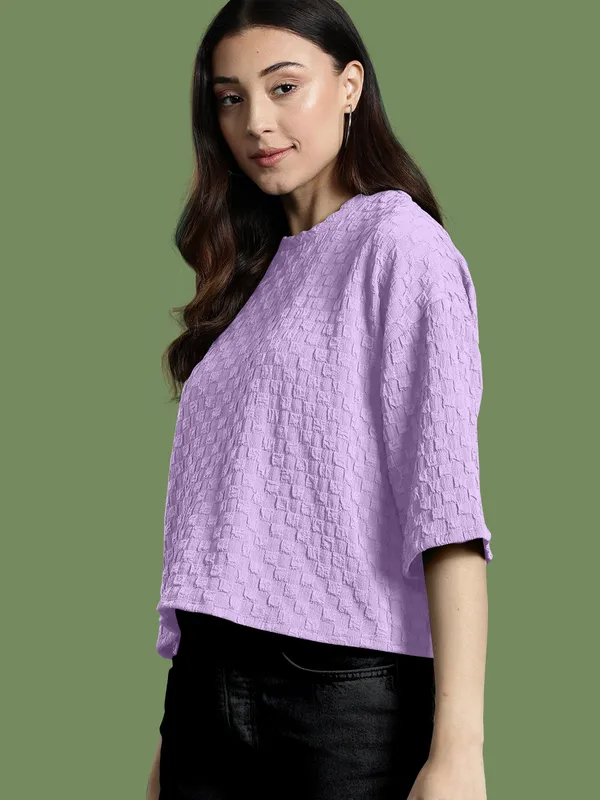 Purple_Cotton_Blend_Casual_Round_Neck_3/4_Sleeve_Top_For_Women