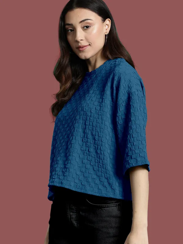 Dark_Blue_Cotton_Blend_Casual_Round_Neck_3/4_Sleeve_Top_For_Women