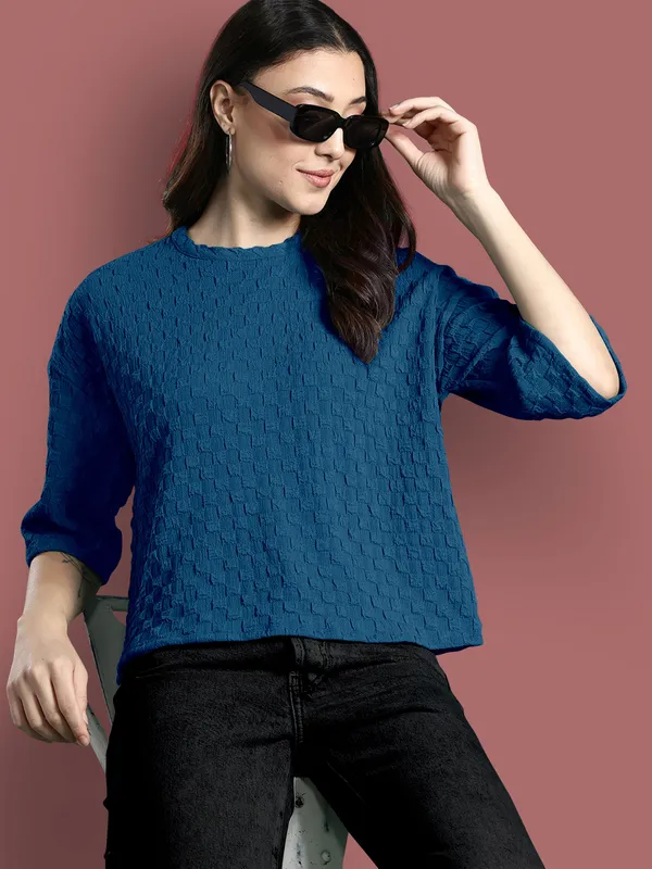 Dark_Blue_Cotton_Blend_Casual_Round_Neck_3/4_Sleeve_Top_For_Women