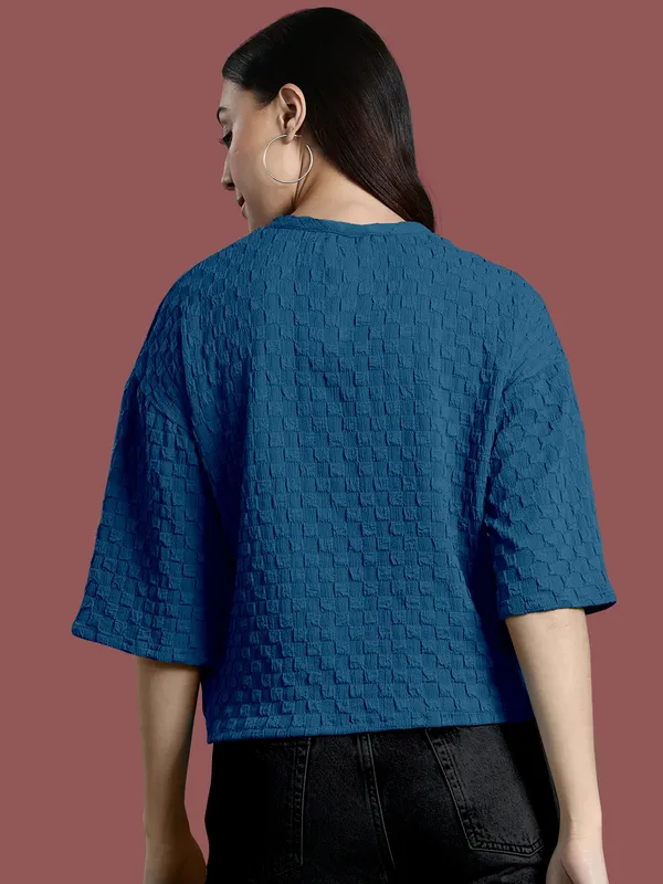 Dark_Blue_Cotton_Blend_Casual_Round_Neck_3/4_Sleeve_Top_For_Women