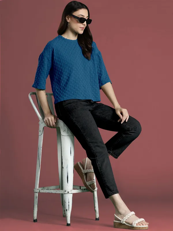 Dark_Blue_Cotton_Blend_Casual_Round_Neck_3/4_Sleeve_Top_For_Women