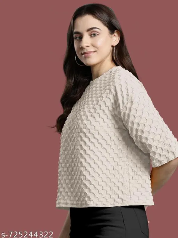 Cream_Cotton_Blend_Casual_Top_For_Women
