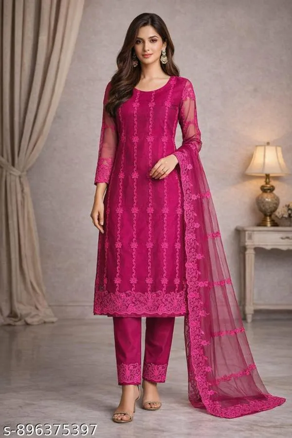 Pink_Net_Casual_A_Line_Kurti_Set_For_Women