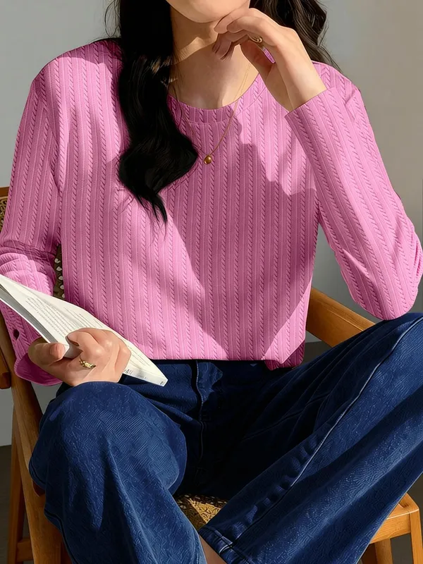 Pink_Cotton_Blend_Casual_Round_Neck_Full_Sleeve_Top_For_Women