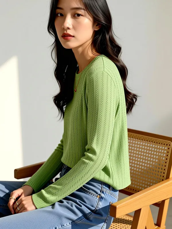 Green_Cotton_Blend_Casual_Round_Neck_Full_Sleeve_Top_For_Women